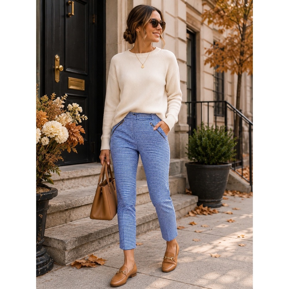 Orsay Houndstooth Ankle Pants Women 10/12 Blue White Tailored European